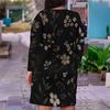 Women Plus Size V Neck Long Sleeve Black Red Rose Floral Printed Fitted Dress