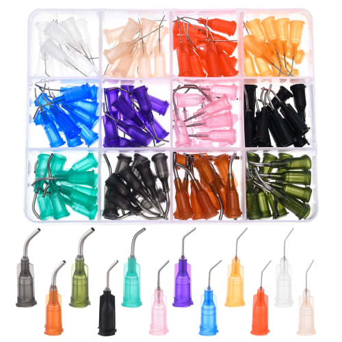 

BENECREAT 120-Piece 12-Color Adhesive Needles, Plastic, 45-Degree Bend, Mixed Colors and Sizes, Replacement Needles, Dispenser Needles, Syringe Replac