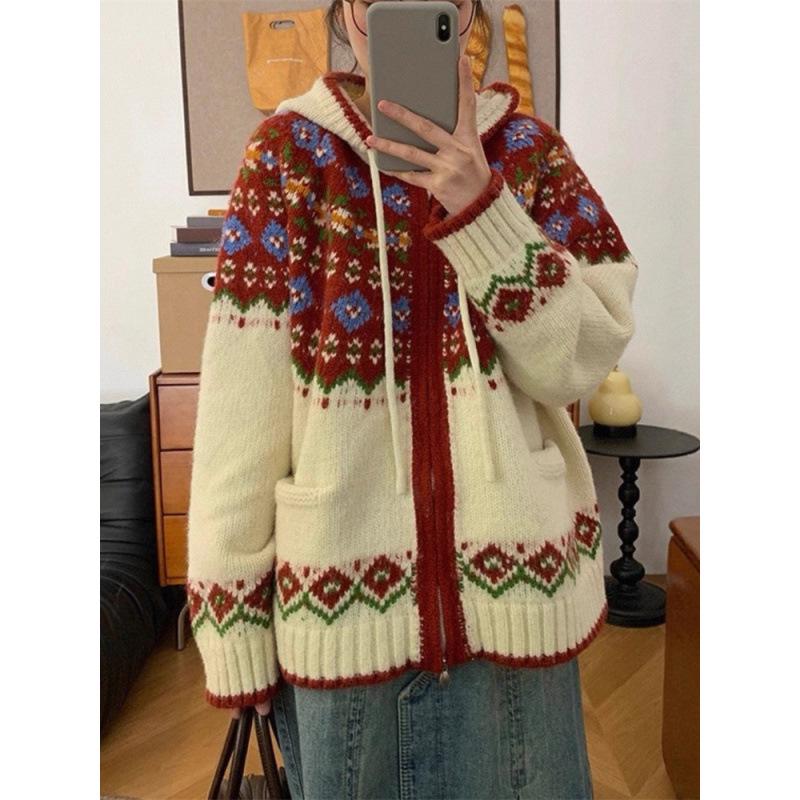 Women's Korean-Style Color Block Fair Isle Hooded Knit Cardigan - Autumn/Winter Versatile Loose Fit Sweater.