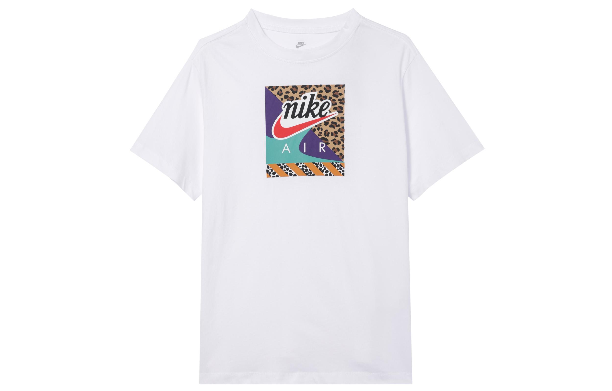 Nike Women ss Leopard Print Sporty Retro Crewneck T-Shirt White DN5883-100 L