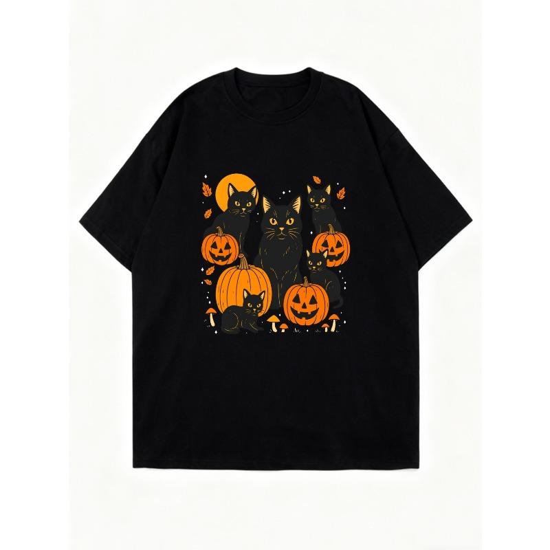 Halloweenové oversized tričko s potiskem černých koček a dýní pro ženy, ležérní podzimní párty oblečení