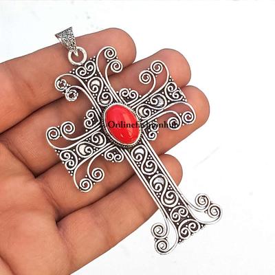 Pierre Précieuse Corail Rouge Argent Sterling 925 Plaqué Pendentif Croix Bijou NNCE-426