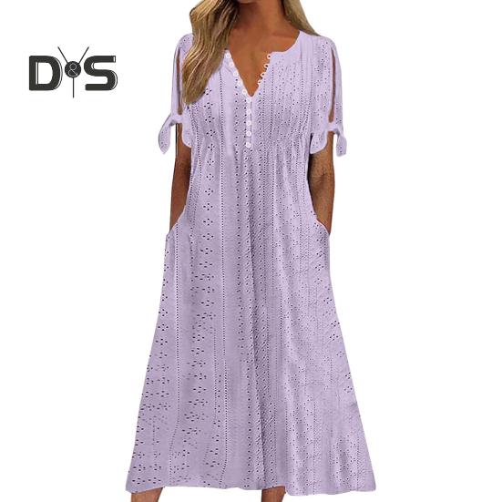 

Женское летнее платье макси в стиле бохо с люверсами, пуговицами, V-образным вырезом, завязкой-узлом, коротким рукавом, летнее пляжное платье-сарафан для отдыха XL фиолетовый