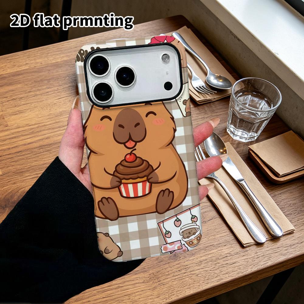 Phone Case: 2D Flat Design Suitable for iPhone 18, 17, 16, 15, 14, 13Pro Film Protective Case, Couple Style, Plaid Paper Cup Capybara, Christmas and H