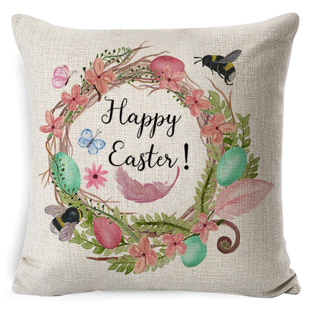 Cartoon Easter Pillow Cover Linen Watercolor Bunny Egg Home Sofa Cushion Cover