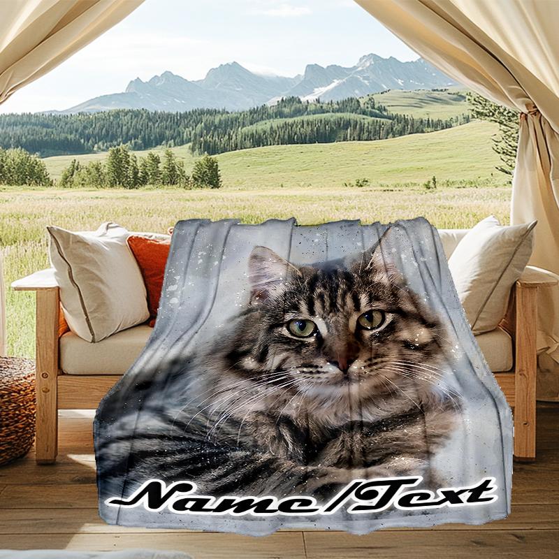 1PC Custom Name tabby cat portrait outdooor Flannel blankets Throw Blanket All-Season Throw Gift Bedspread for Couch, Bed, Camping Holiday Birthda