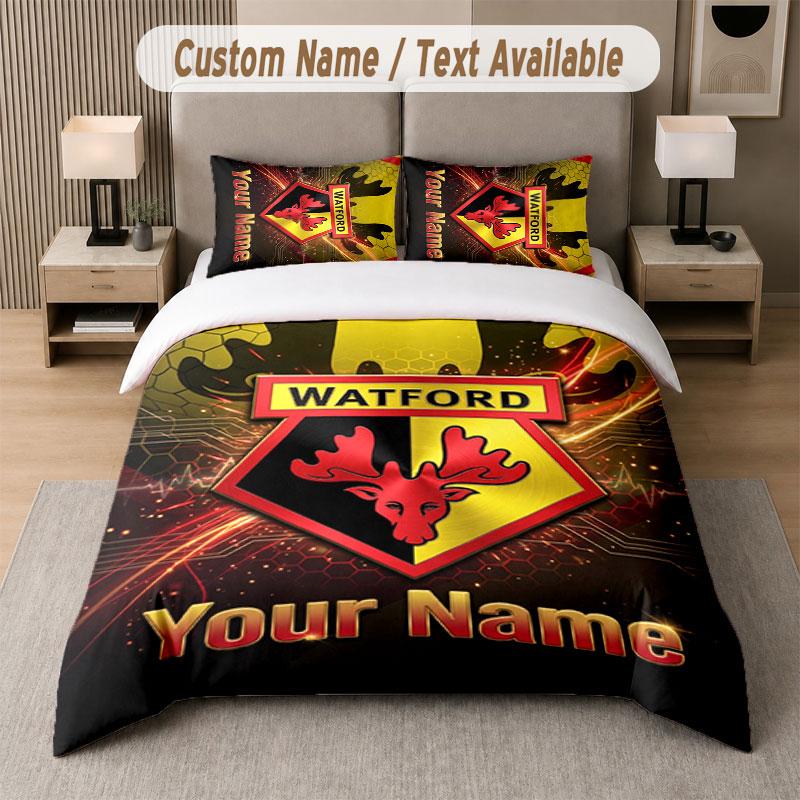 Set Biancheria da Letto Personalizzato Motivo Watford FC, Stampa Nome Testo 1 Copripiumino più 2 Federe Tessile per la Casa