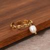 Stainless Steel Geometric Open Ring with Freshwater Pearl - Fashionable and Versatile Design