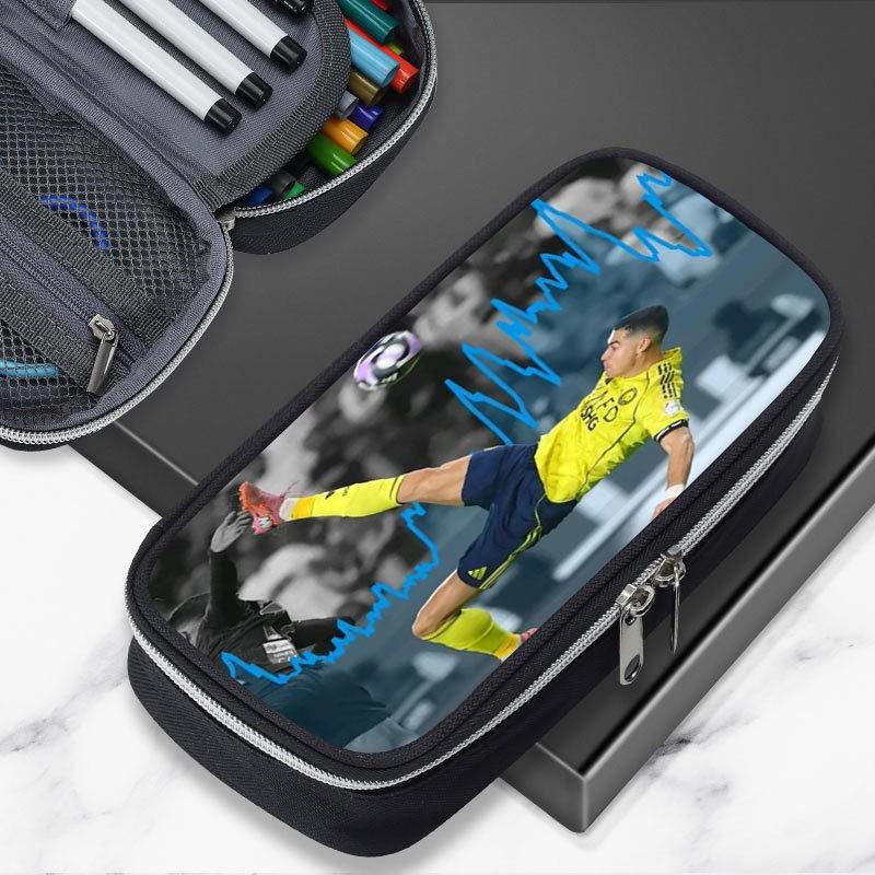 Large Capacity Cartoon Soccer Pen Pouch Kids Students Oxford Fabric Pencil Case With Cristiano Ronaldo Yamal Design