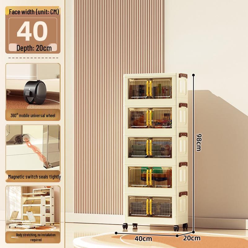 40-60cm Wide Transparent Foldable Double Door Floor Storage Cabinet with Multiple Layers
