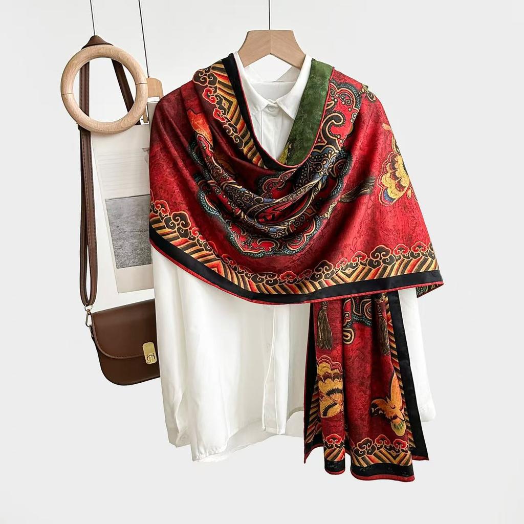 Guofeng Dragon Scale Pattern Turtle Crack Double-Sided Large Square Towel [180 * 70] Fashionable Versatile Silk Square Towel