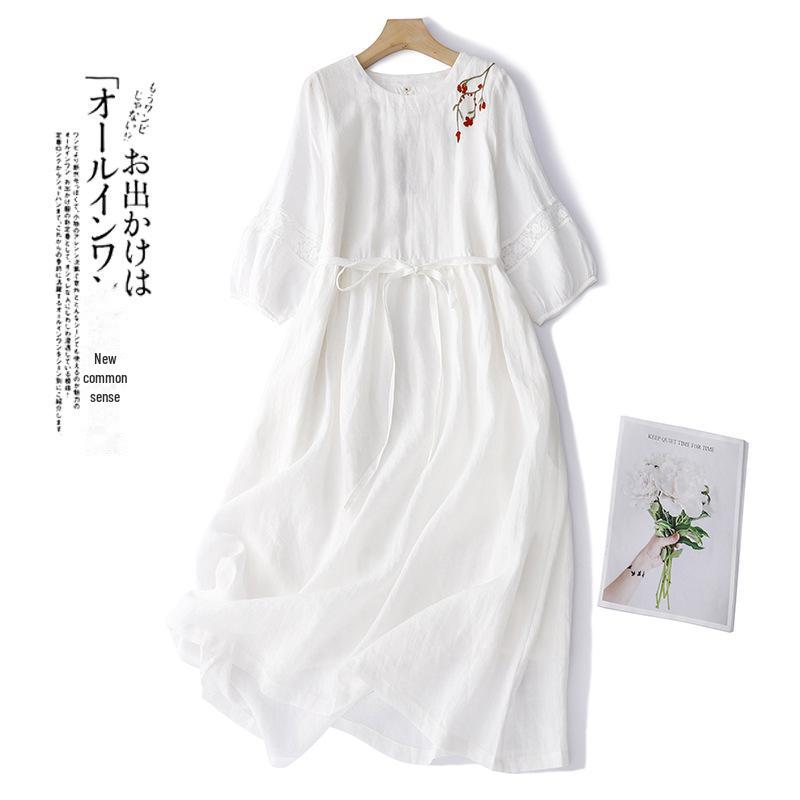 

Летнее белое вышитое длинное платье 2023 года - женское элегантное круглое платье с рукавами 3/4 XL белый