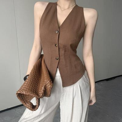 Damen Neckholder V-Ausschnitt Weste Rückenfrei Einreihig Ärmellose Weste Asymmetrischer Saum Westenoberteil Sommer Casual Weste