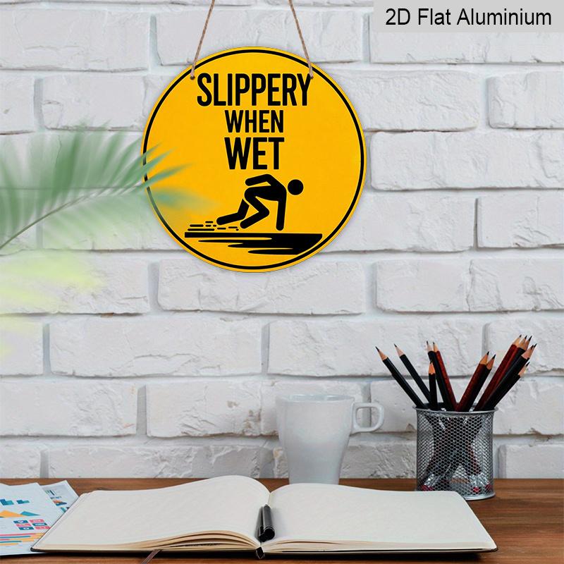 2D Flat, 1pc Round Aluminum Hanging Sign - "Slippery When Wet" Safety Warning Metal Wall Art, Yellow & Black Retro Caution Design, Perfect for Pool
