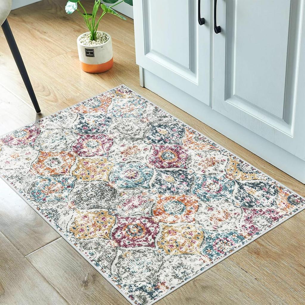 Moroccan Trellis Cream Multi Color Carpet Mat Rug Washable Non-Slip Home Decor for Kitchen Entryway Bathroom Bedroom Indoor
