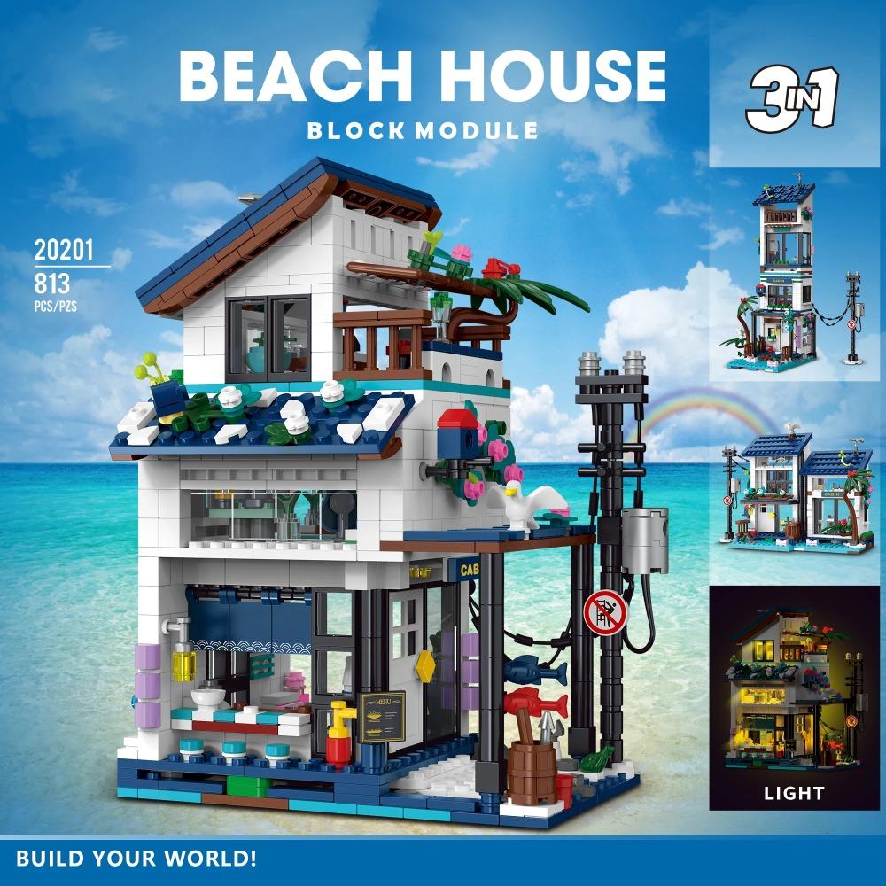 3 In 1 Beach House Building Toys Kit with Light, Kid's Educational Building Blocks Sets Birthday Gift for Kids Girls, 813 PCS