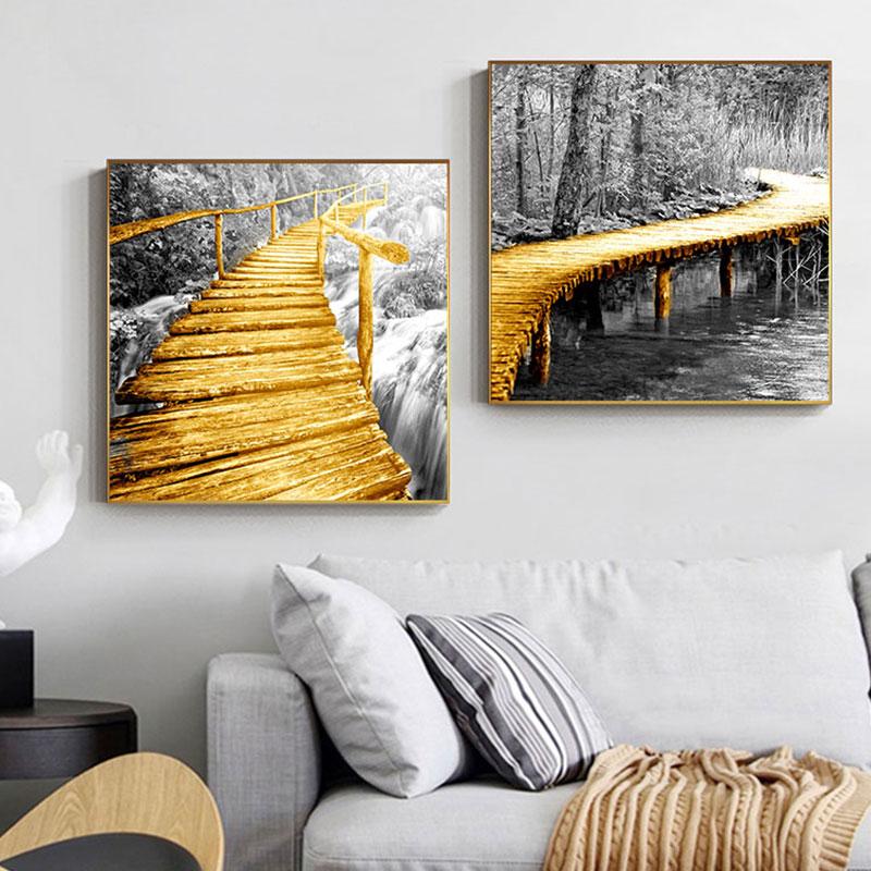 Abstract Golden Yellow Bridge Canvas Painting Industrial Posters for Living Room Decor Grey Wall Art Tableau Decoration Mural