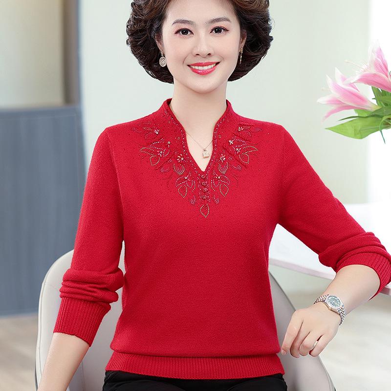 Autumn 2023 Stylish Cheongsam Collar Knit Top for Middle-aged & Elderly Women, Plus Size, Enhances Elegance