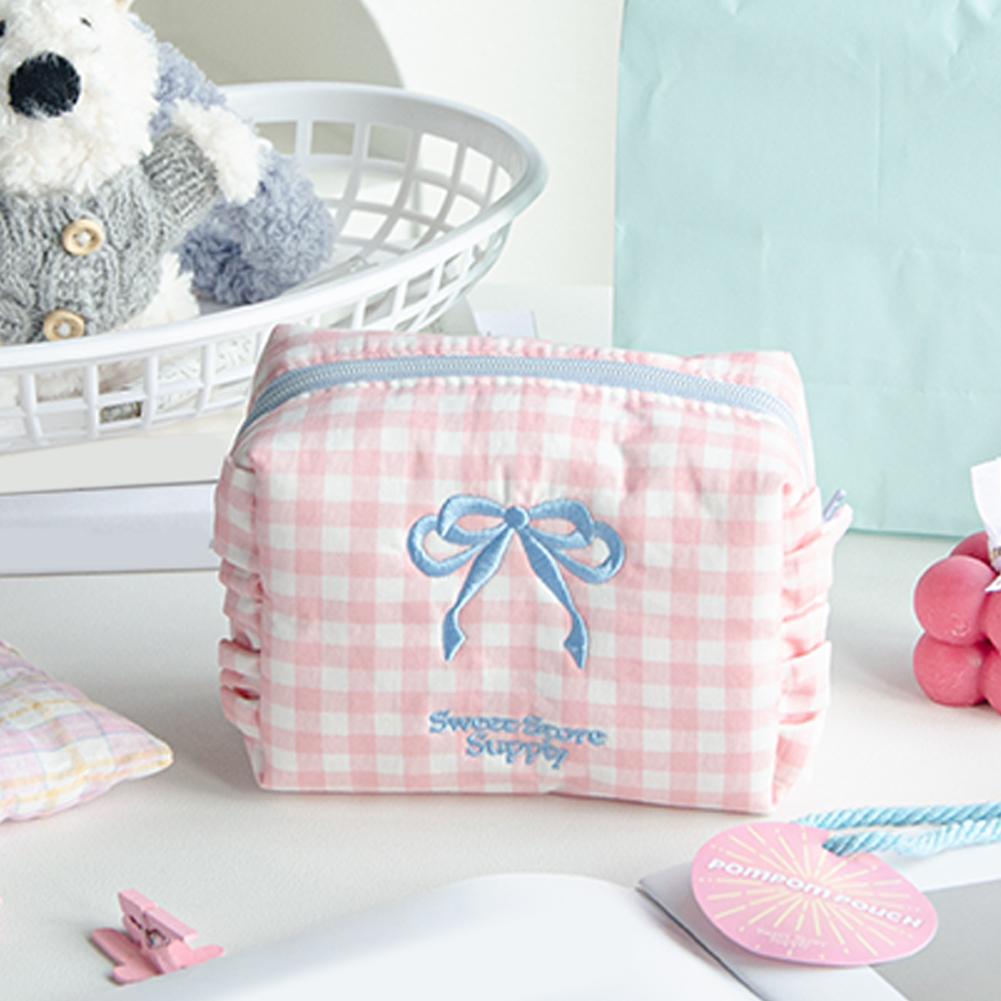 Plaid Makeup Bag Pleated Toiletry Bag Aesthetic Makeup Storage Bag Large Capacity Embroidered Bow Cosmetic Bag for Women Girls