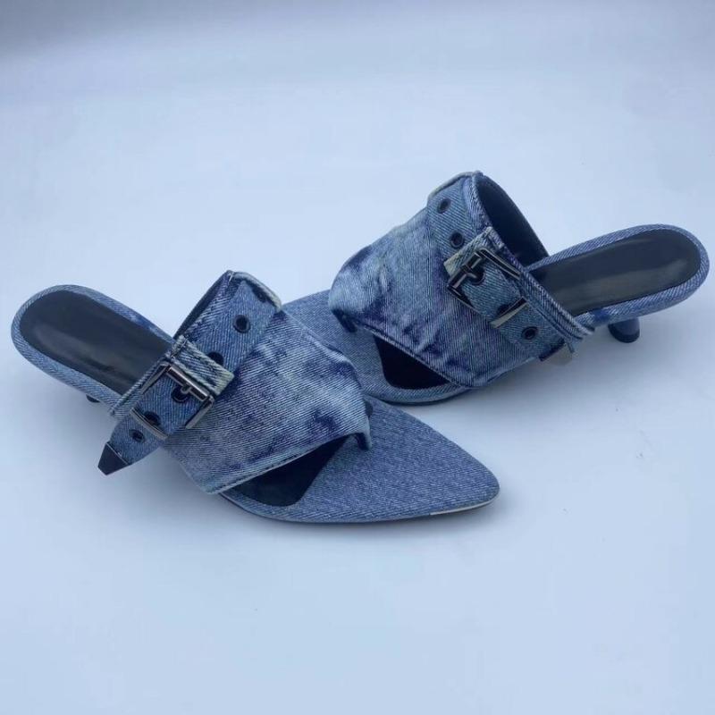 Fashion Brand Blue Denim Belt Buckle Hollow Out Fashion Slippers Summer New Comfortable Women's 5.5cm Low Heel Commuting Sandals Size 43