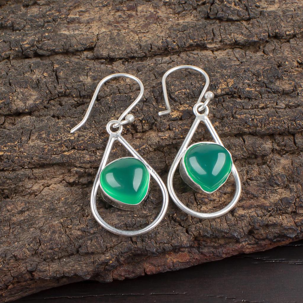 Green Onyx Cab Gemstone Earrings, 925 Solid Sterling Silver Jewelry, Handmade Beautiful Earrings For Wedding Gift