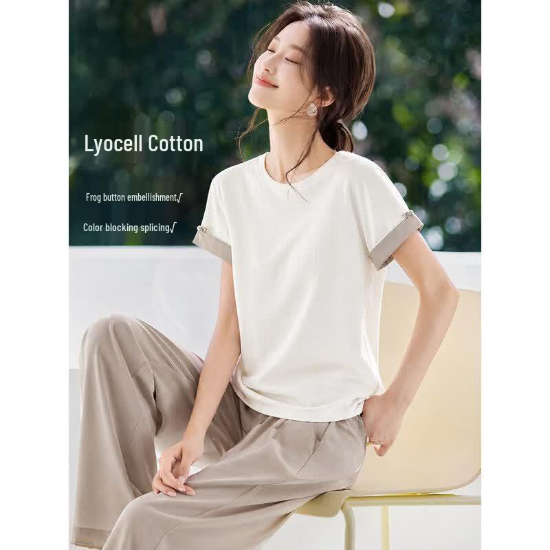 New Chinese Style Color-Block Pan-Button Lyocell T-Shirt S