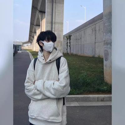 American Retro Gray Button Sweater Men's Hooded Couple's Early Autumn Coat