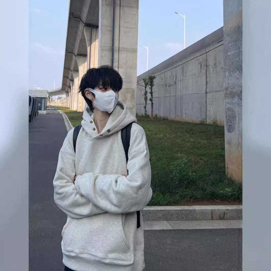 Jmg Clothing Men's Black American Retro Gray Button Sweater Hooded Couple's Early Autumn Coat Cm