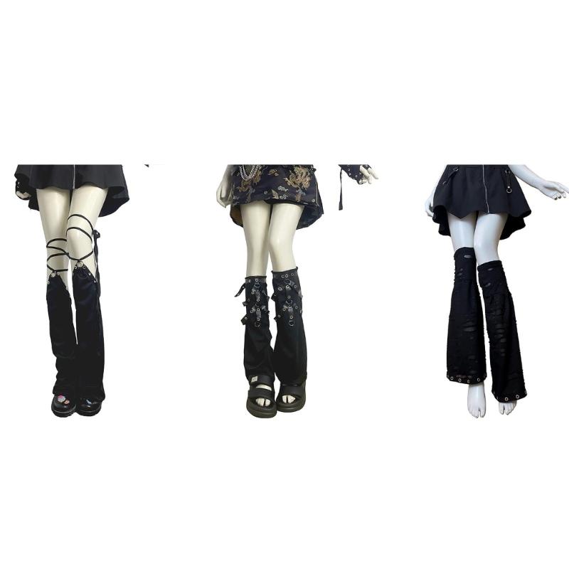 Women Punk Lace Up Straps Flared Leg Warmers Japanese Harajuku Eyelets Knee Length Foot Cover Long Tube Socks Streetwear