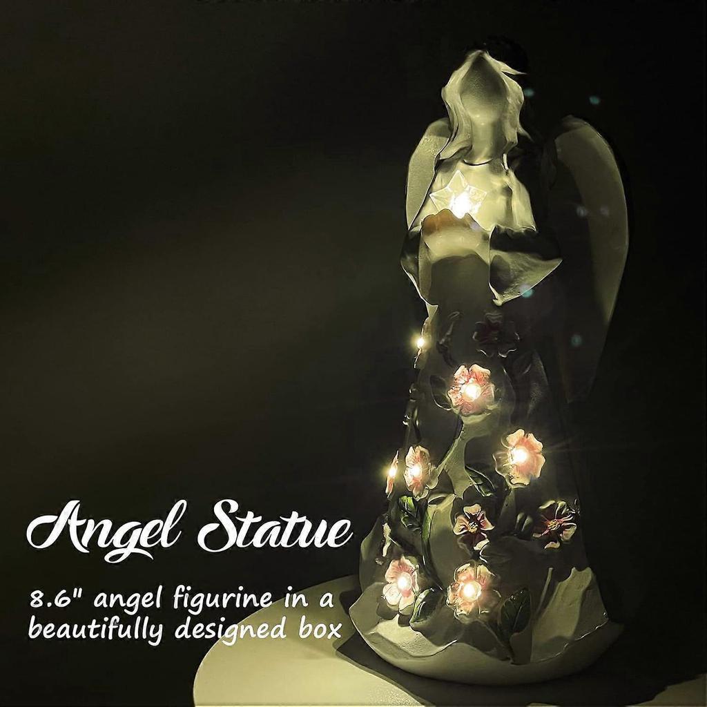 LED Lighted Guardian Angel Figurine with Floral Accents  Battery Operated Angel Statue with Glowing Star, Sympathy & Birthday Gift for Grandma, Aunt &