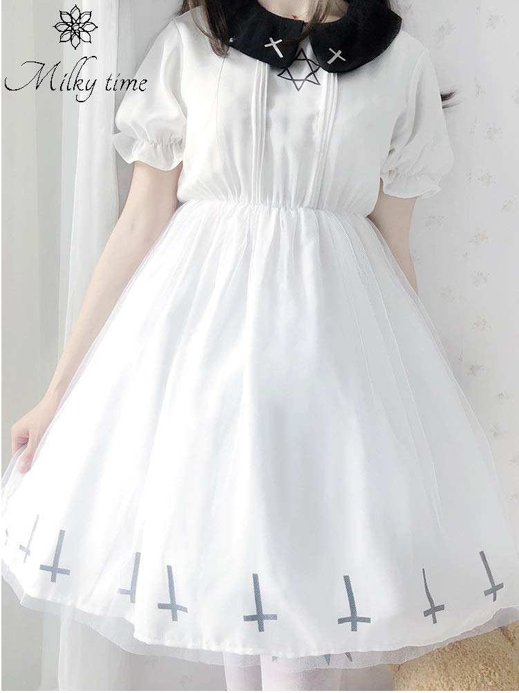 Milky Time Women's Dark Gothic Lolita Dress with Hexagram Design, Halloween Costume (White, Short Sleeves, Size M)