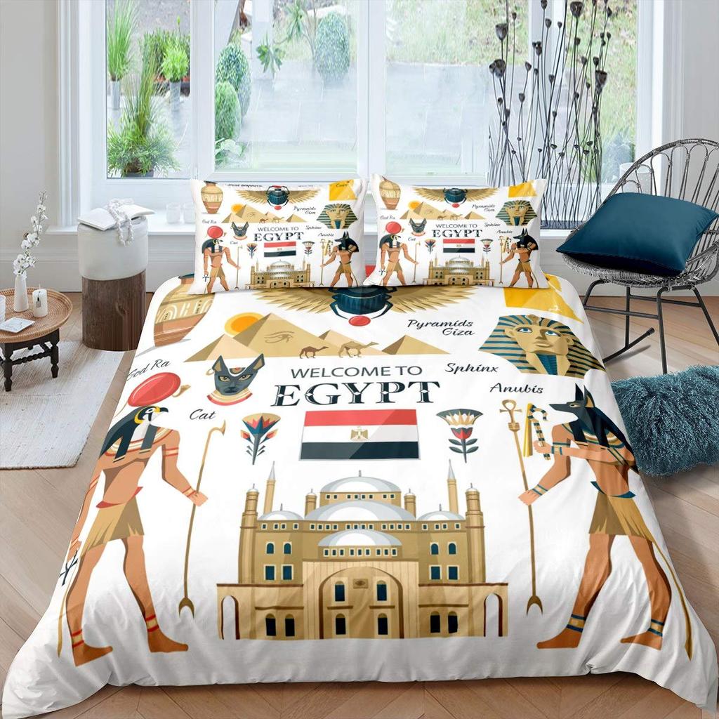 Ancient Egypt Duvet Cover Set Egyptian Symbol Bedding Set Vintage Pharaoh Pyramid Boho Tribal Polyester Quilt Cover 2/3pcs Queen