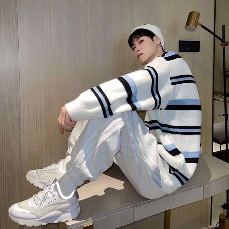 

Men s Striped Knit Sweater – Autumn/Winter Round Neck Loose Fit Long Sleeve T-Shirt Hoodie X-Large