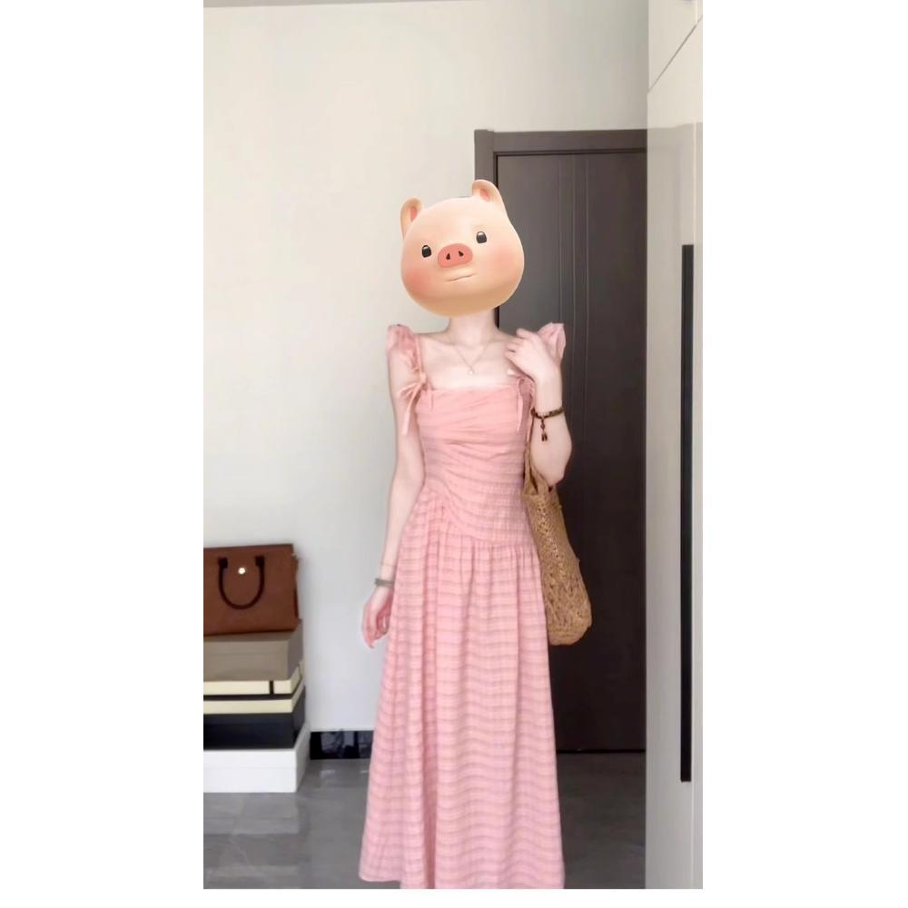 

Темпераментное белое платье на бретелях детское летнее повседневное новое с маленькими рукавами-крылышками для приморского отдыха, платье с завышенной талией XL- (recommended 110-60kg) розовый