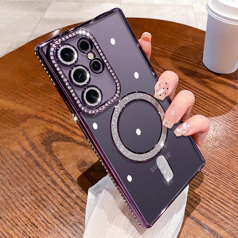 Luxury Sparkly Crystal Clear Case For Samsung Galaxy S24 Plus S23 S22 Ultra Magsafe Magnetic Wireless Charge Lens Film Cover