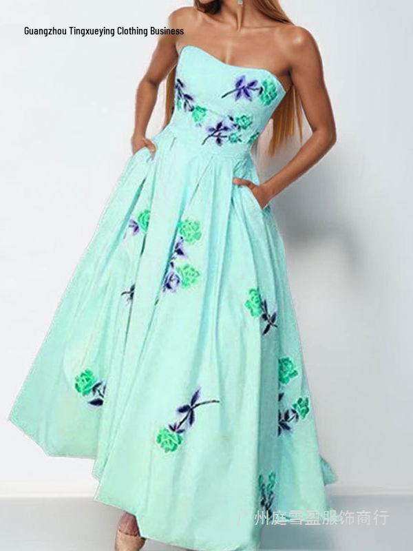 European American Women's Floral Square Neck Spring Dress with Slit