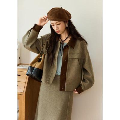 MiXiu Women's Color-block Suede Patchwork Wool Blend Coat