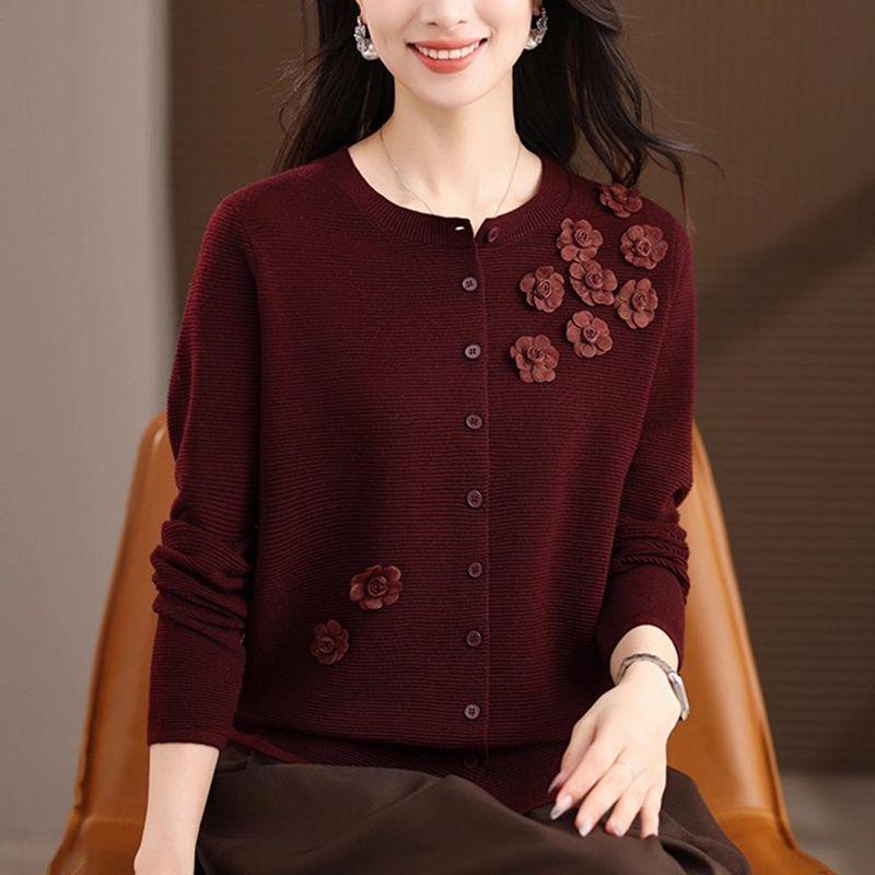 

В язаний кардиган з квітковим принтом на осінь 2025 року з круглим вирізом та довгим рукавом для жінок 3XL [70-75 kg]