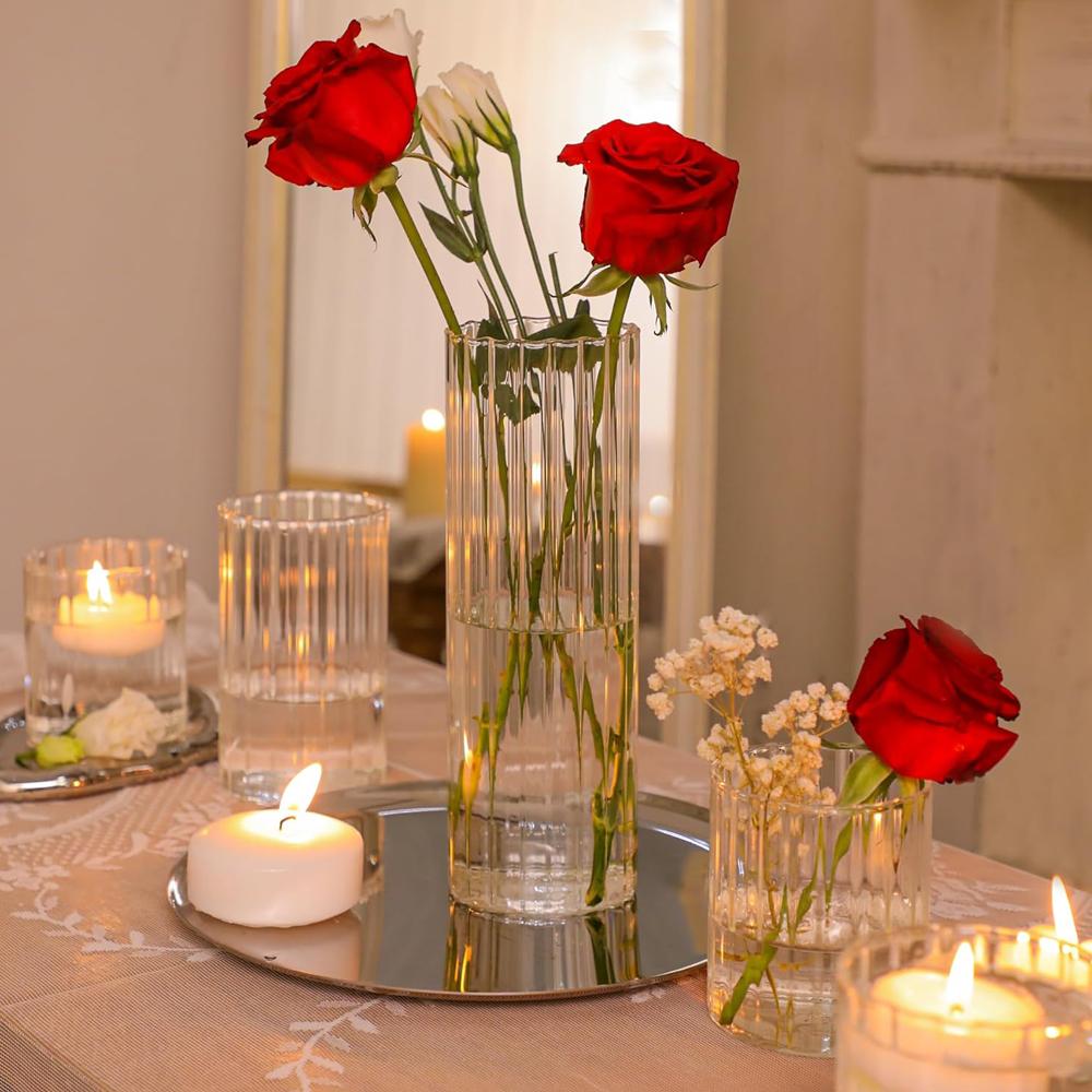 Glass Cylinder Vases Clear Ribbed Bud Vases for Centerpieces Weeding Decoration, 4 inch 6 Inch 10 Inch Tall Clear Flower Vases