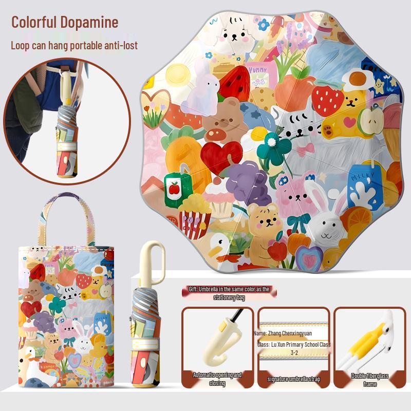 Dual-Use Automatic Folding Children's Umbrella with Ring Buckle – Sun Protection for School Boys and Girls