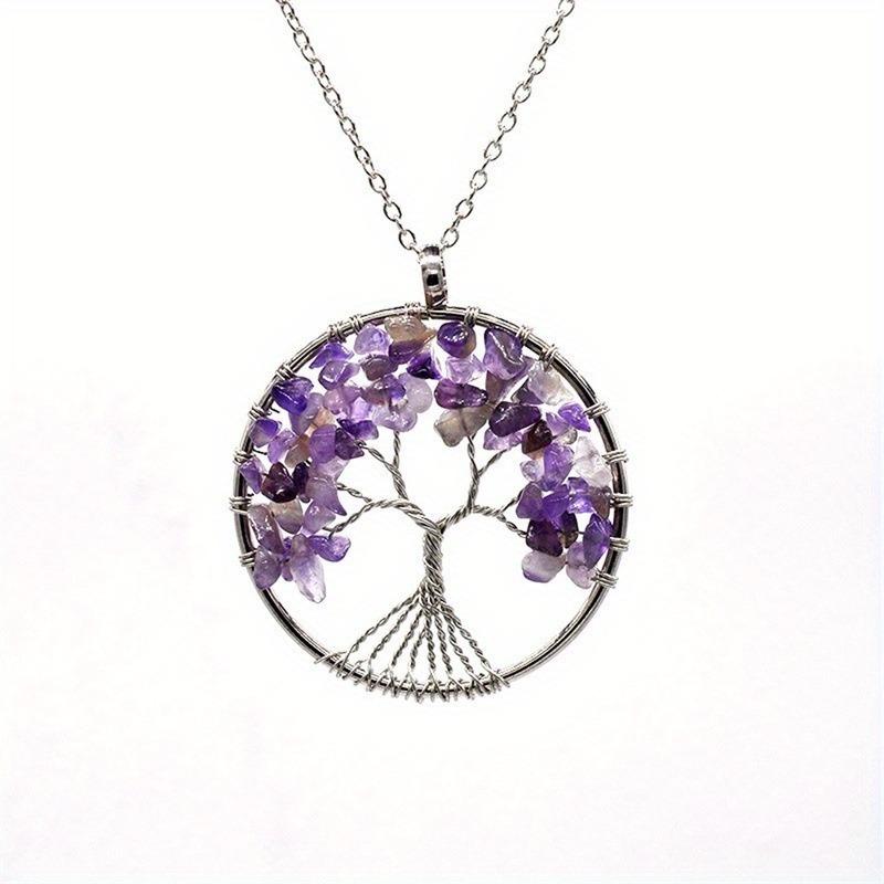 1pc Natural Stone Tree of Life Pendant Amethyst Lapis Lazuli Crystal Necklace for Men and Women Chakra Healing Jewelry