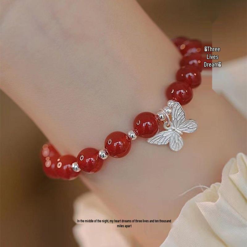 Sueño de Tres Vidas: Pulsera de Mariposa con Cuentas Rojas para Mujer - Elegante Versátil Mejor Amiga Regalo de Cumpleaños