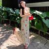 Holiday mesh printing neck dress women's summer retro temperament slim fishtail skirt slim hip wrap dress