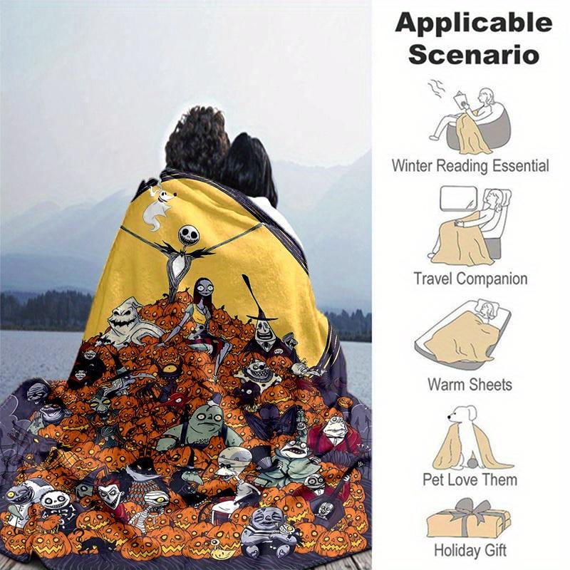 1pc, Cozy Halloween Home Decor: Jack Skellington & Friends Flannel Blanket, Perfect Gift for Bedroom, Living Room, Travel, Camping, Car, Beach, Office