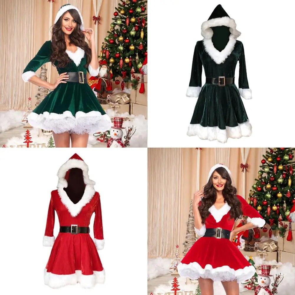 Neujahrs-Weihnachtskleid für Damen, Samt, Weihnachtsmann-Kostüm, sexy Kostüm, mittellange Ärmel, Plüsch-Party-Kapuzenkleider mit Gürtel