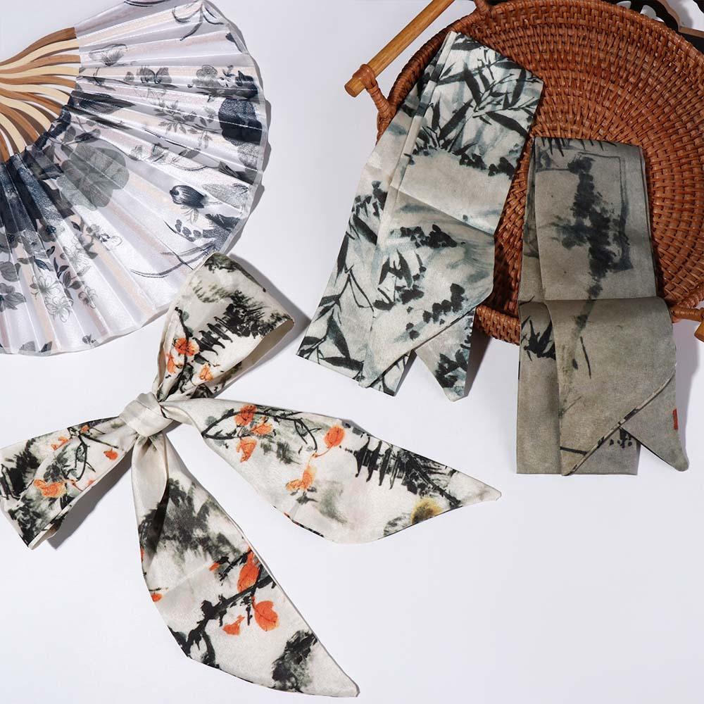 

Ribbon Ink Painting Silk Scarf Long Ribbon Headband Elegant Long Silk Scarf Lady