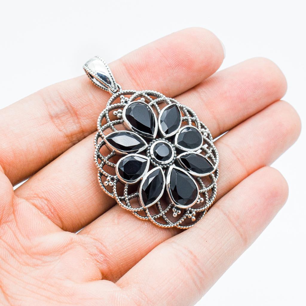 Black Spinel Flower Pendant: 925 Sterling Silver Jewelry