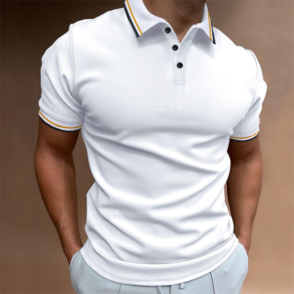New Men's Slim POLO Shirt Ribbed Striped Lapel Buttons Solid Colour Splicing T-shirt Tops