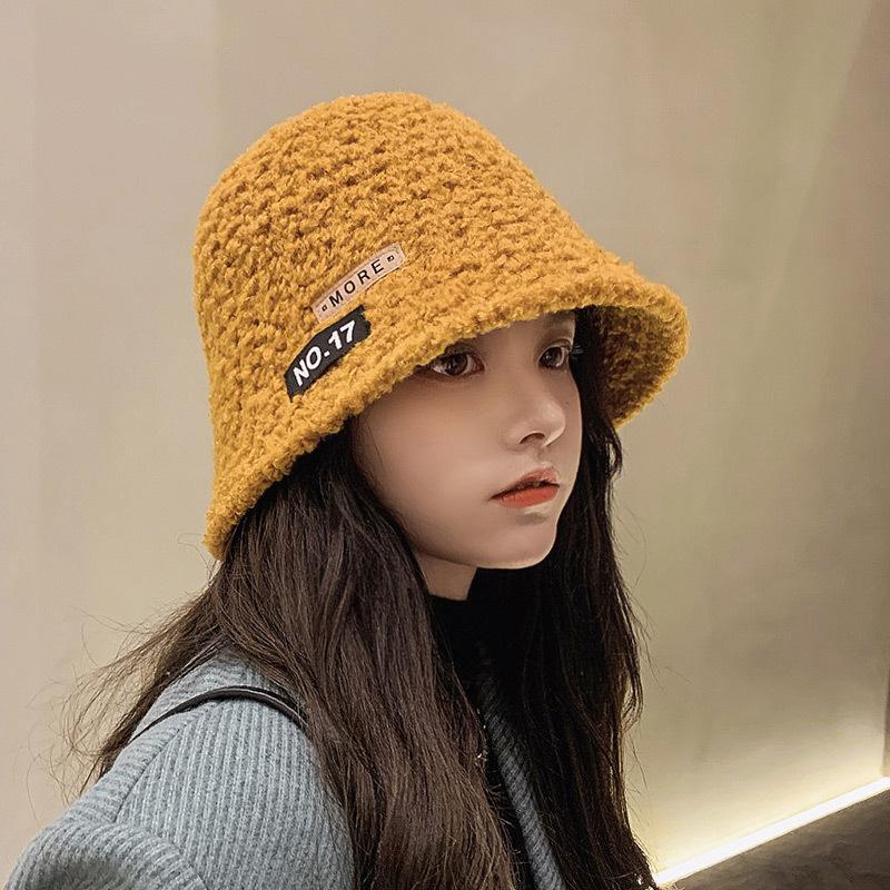 Bucket hat women's autumn and winter fashion versatile basin hat lamb wool suitable for round face bucket hat shows small face