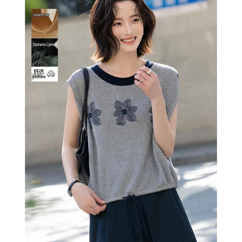 Demana Women s Lyocell Linen Blend Embroidered Knit Top L